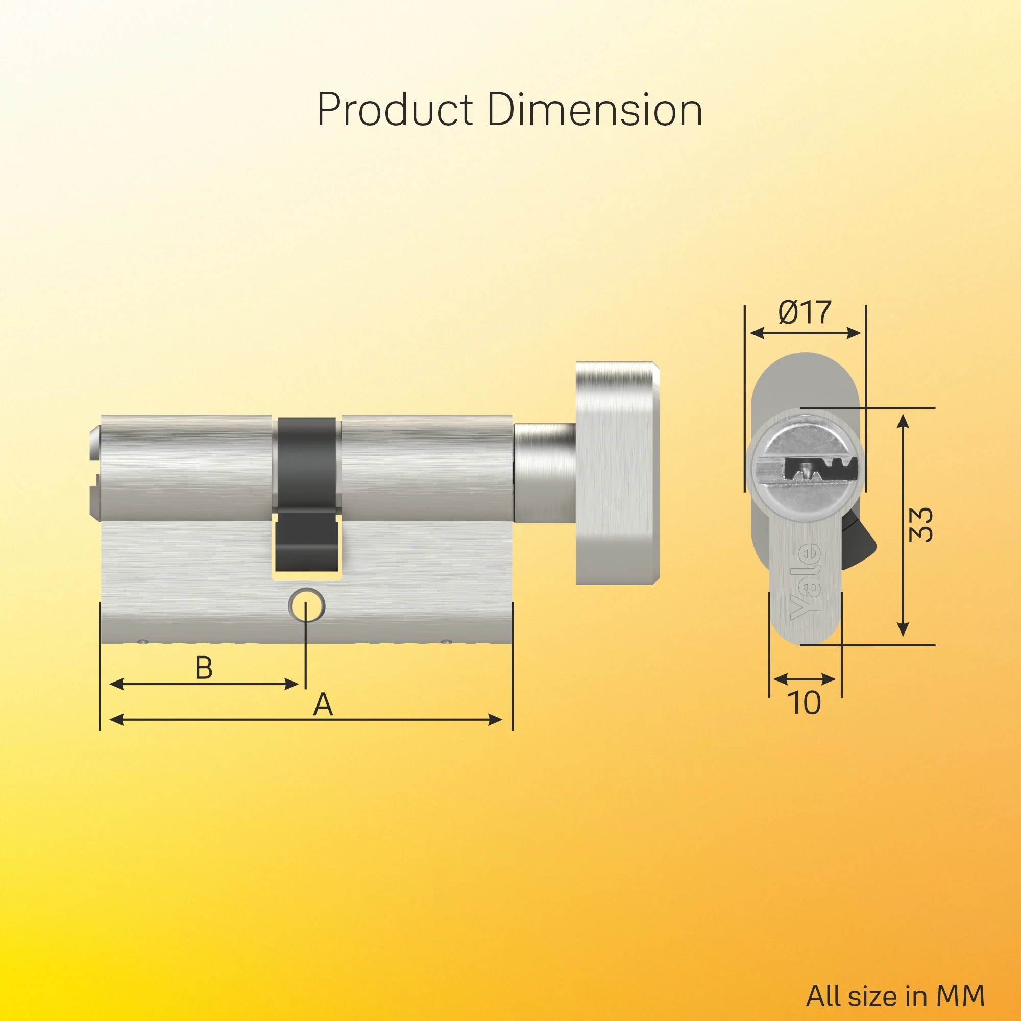 Yale Cylinder (70 MM TT SN DK-S) with Inside Thumb turn, Satin Nickel, Dimple Keys (5nos.) - Image 3