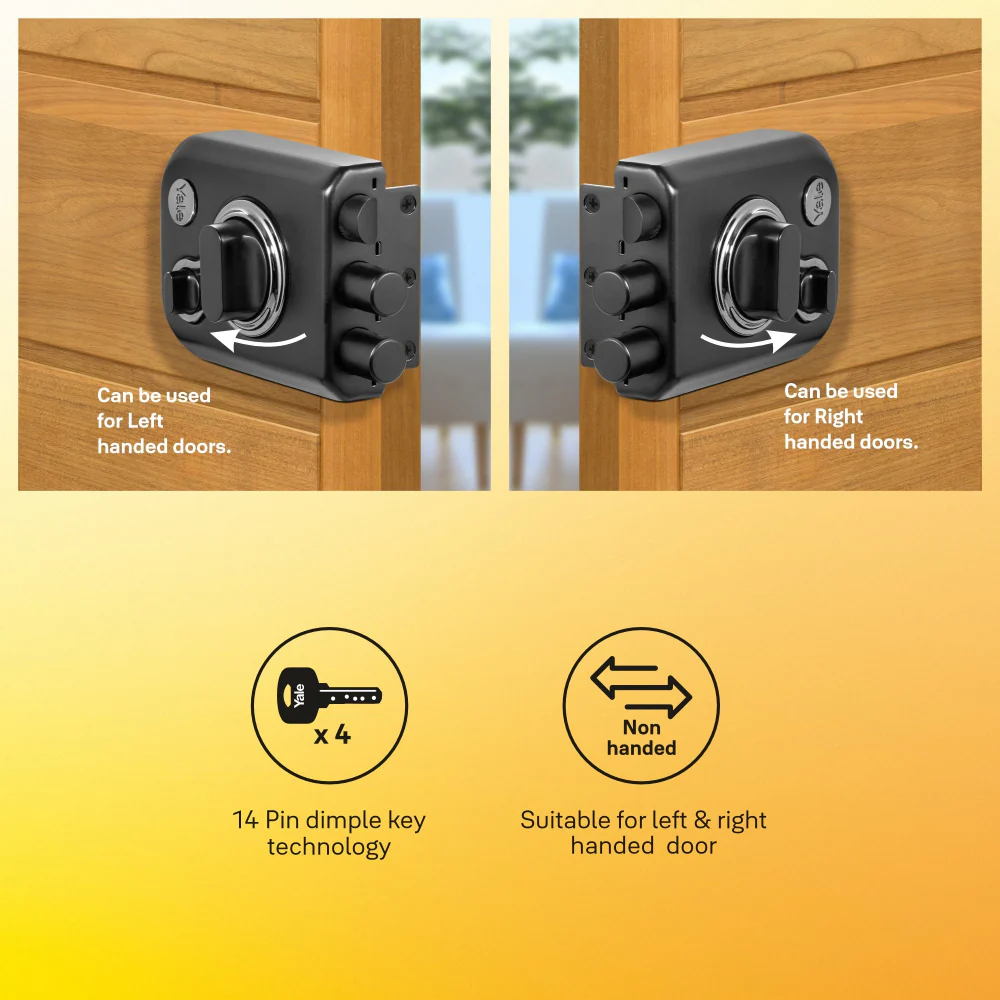 Yale Kratos™ Rimlock – Tribolt, 2 Deadbolts & 1 Latch Bolt, Thumbturn, 4 Dimple Keys (Black Matt and Black Nickel) - Image 5