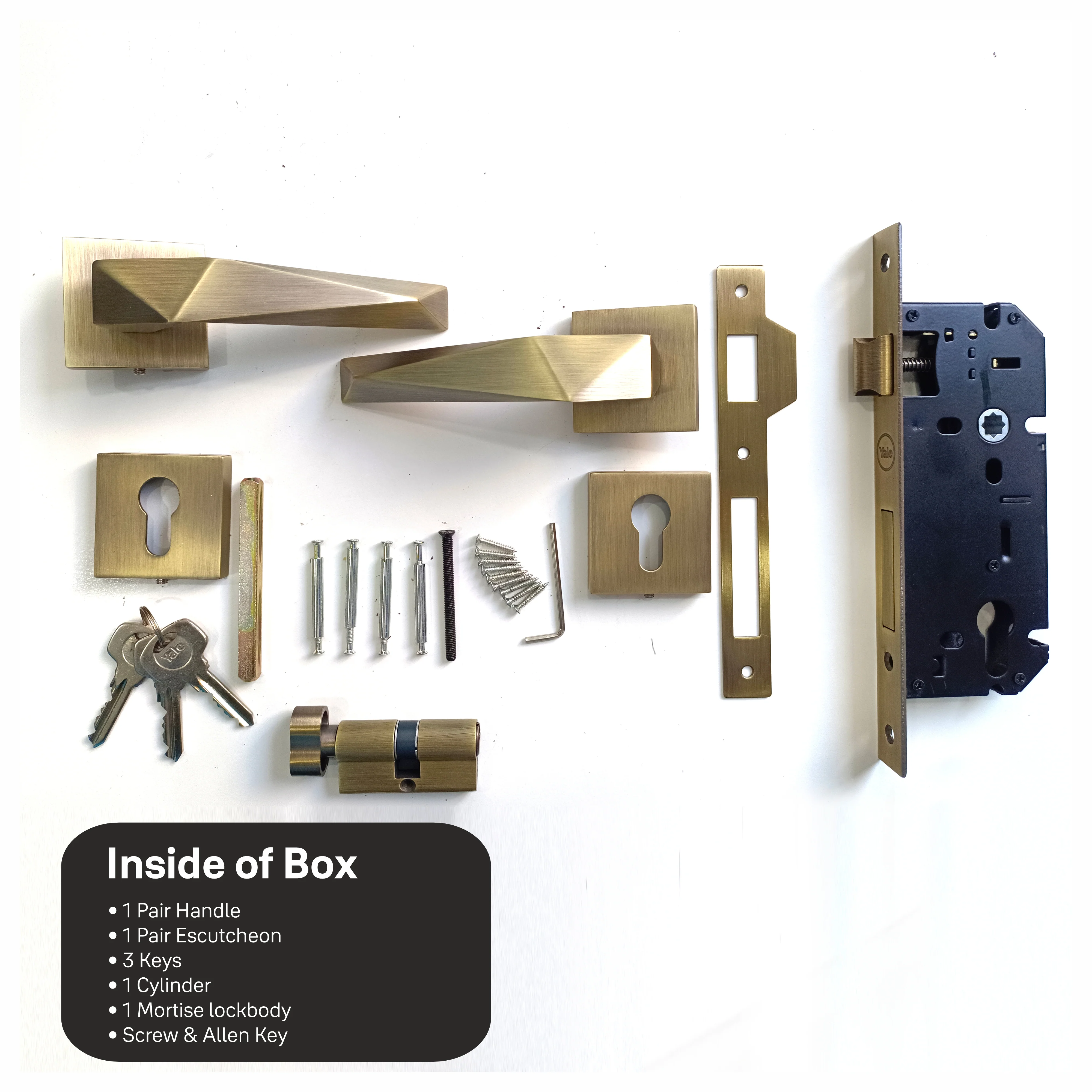 SM-01-01-02 Yale SM series Mortise Lock Comboset with Rose and Escutcheons, Cylinder with Knob inside and keys Outside, AB Finish - Image 14