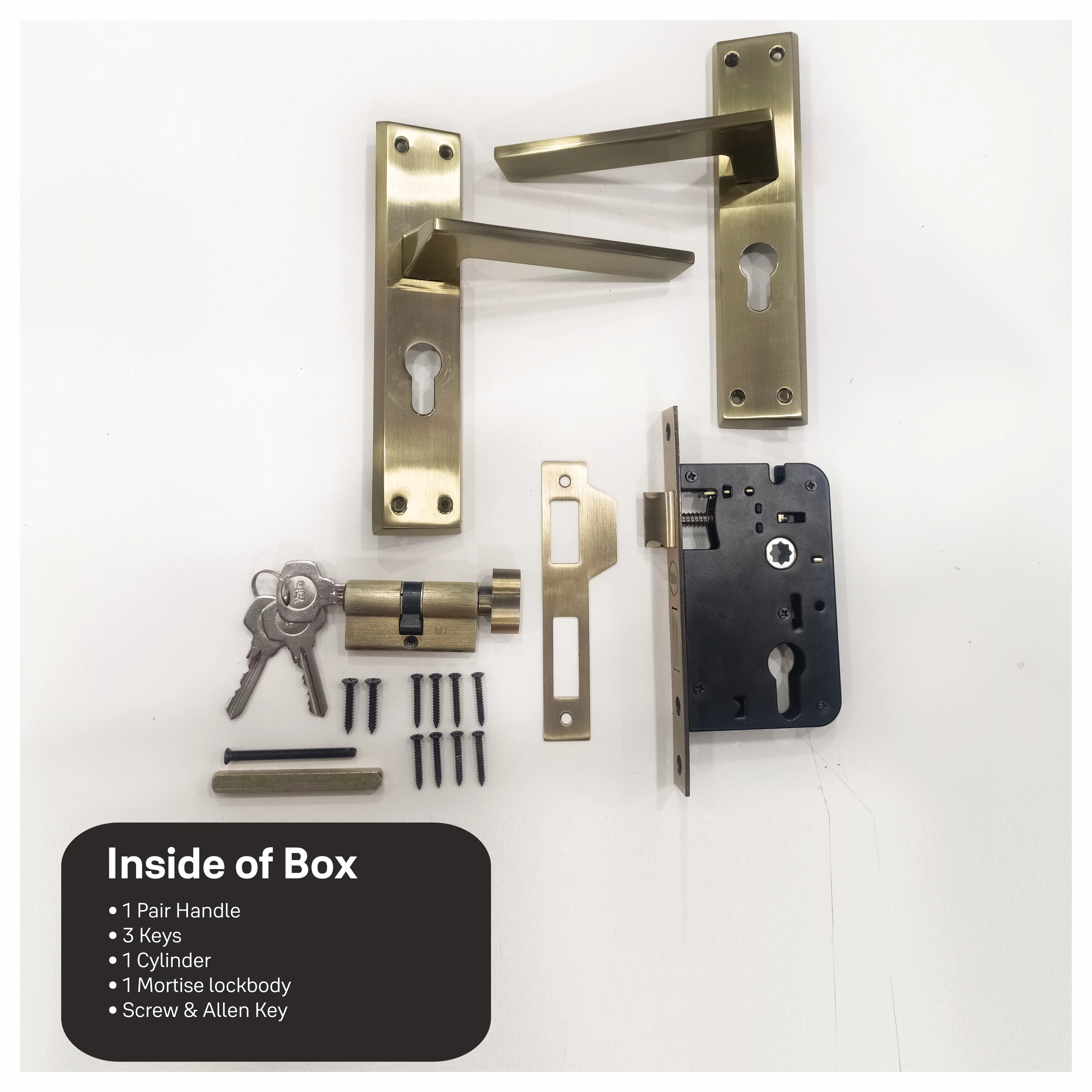 SM-03-02-02 Yale SM series Mortise Lock Comboset with backplated Handle, Cylinder with Knob inside and keys Outside, Antique Brass - Image 7