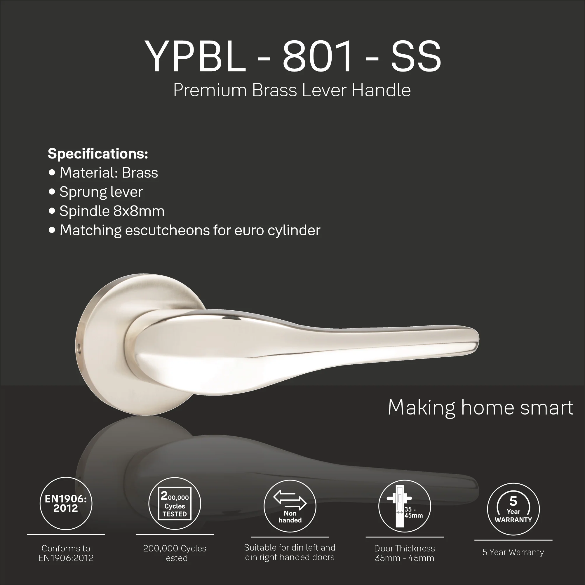 YPBL-801-SS Solid Brass Lever Handle, Satin / Chrome Polish (Without Lock and key cylinder) - Image 2