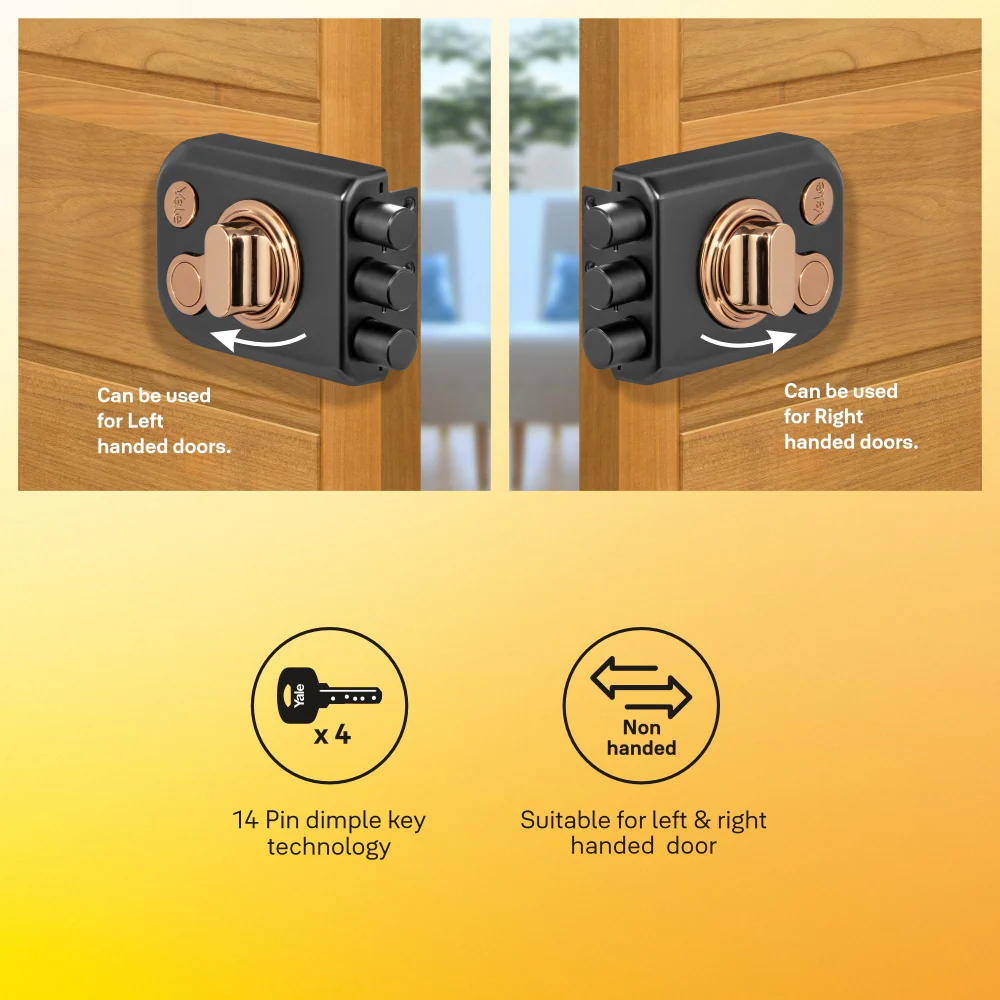 Yale Kratos™ RIM lock KRT-3B-TT-BM/RG – Tribolt, 3 Deadbolts, Thumbturn, 4 Dimple Keys (Black Matt and Rose Gold) - Image 5