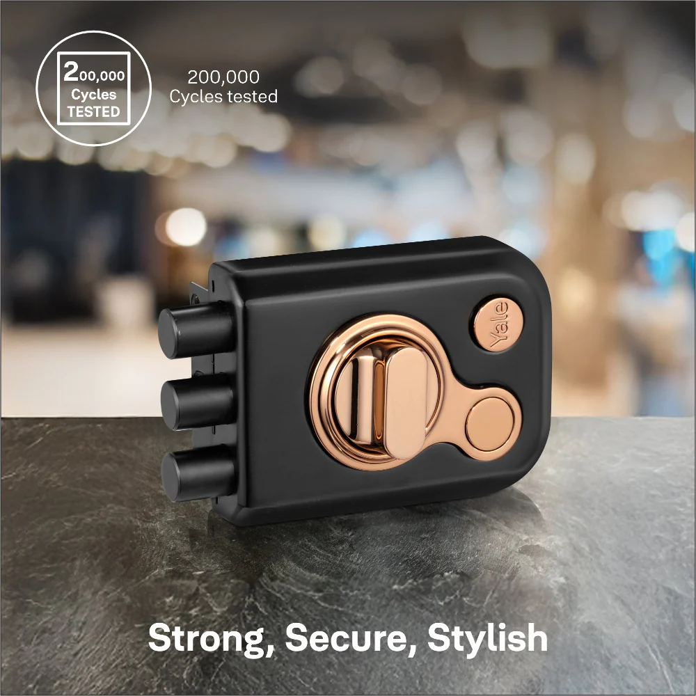 Yale Kratos™ RIM lock KRT-3B-TT-BM/RG – Tribolt, 3 Deadbolts, Thumbturn, 4 Dimple Keys (Black Matt and Rose Gold) - Image 6
