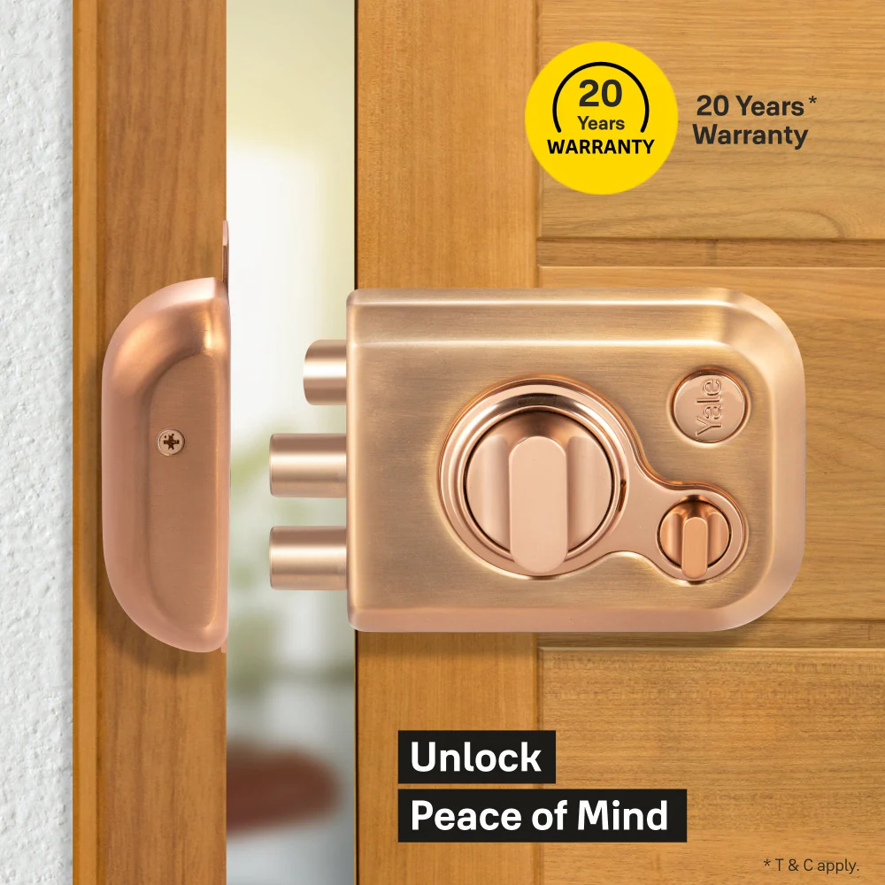 Yale Kratos™ KRT-LB-TT-RGM/RG RIM lock for main door with 1 latch and 2 deadbolts, Knob inside and outside Dimple key (4nos.), Rose Gold Matt/Rose Gold (Dual Finish) - Image 3