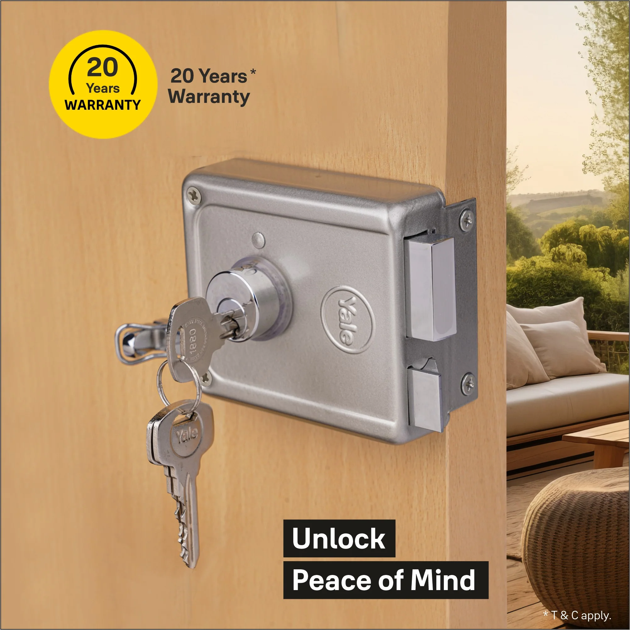 YALE  RIM LOCK R300- LATCH AND DEADBOLT, BOTHSIDE  REGULAR KEY (SILVER) 3  Keys| Main Door Lock - Image 2