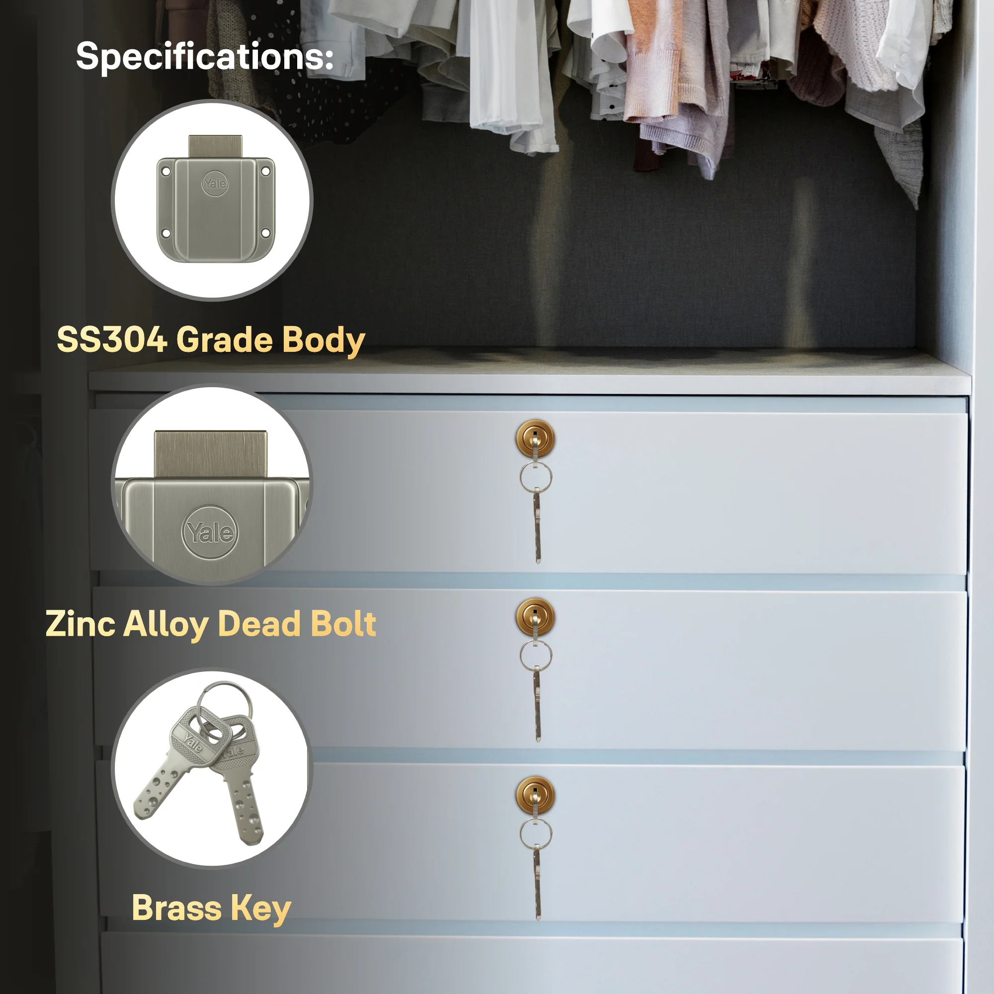 Yale Wardrobe Lock WRD Series 30mm | Stainless-steel Lock with Dimple Key | Reversible Keys | Deadbolt | Installed in Cupboards, Wardrobes & Wooden Furniture | Rose Gold - Image 4
