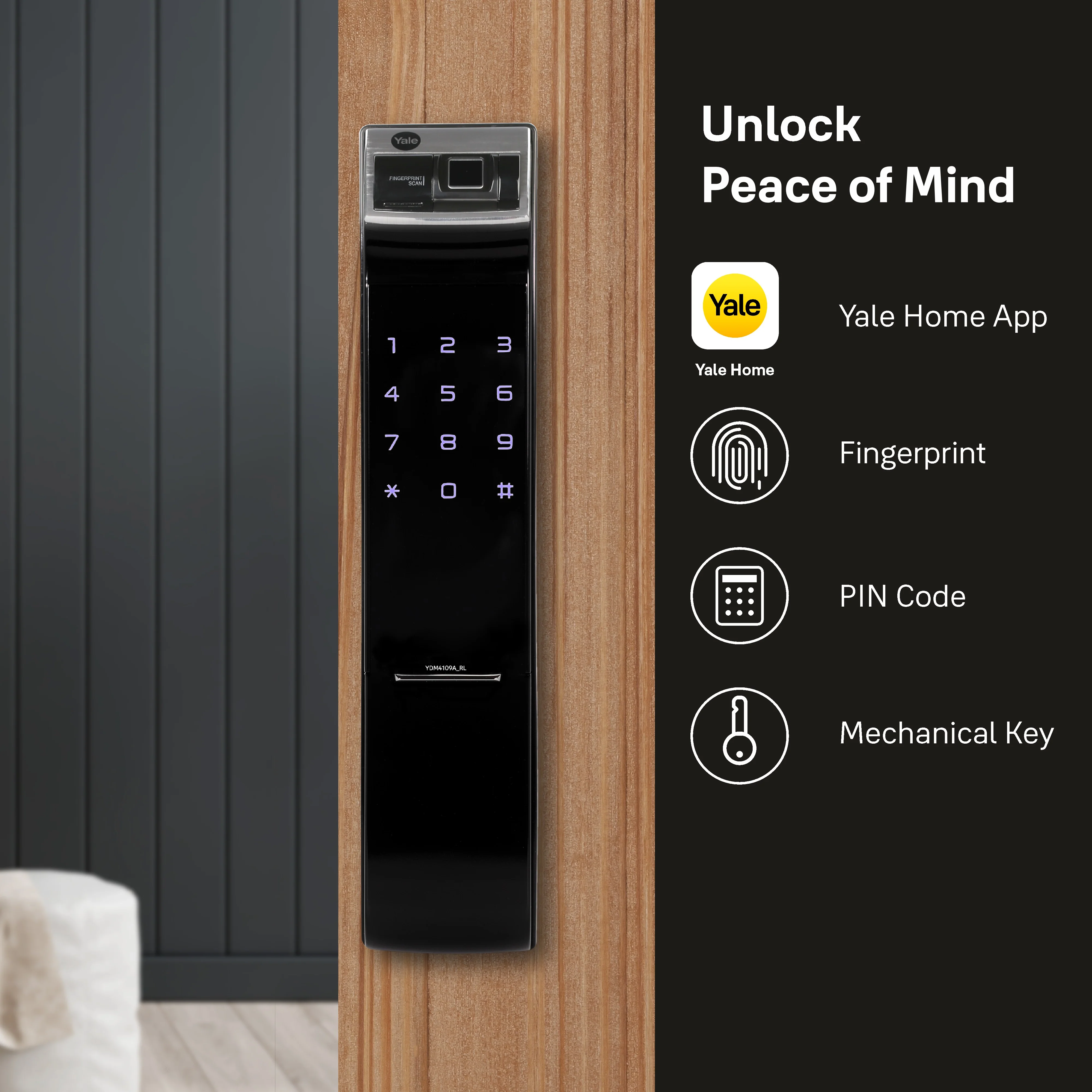 YDM 4109 (Roller Latch) Smart Lock, Black , Without Handle - Image 3