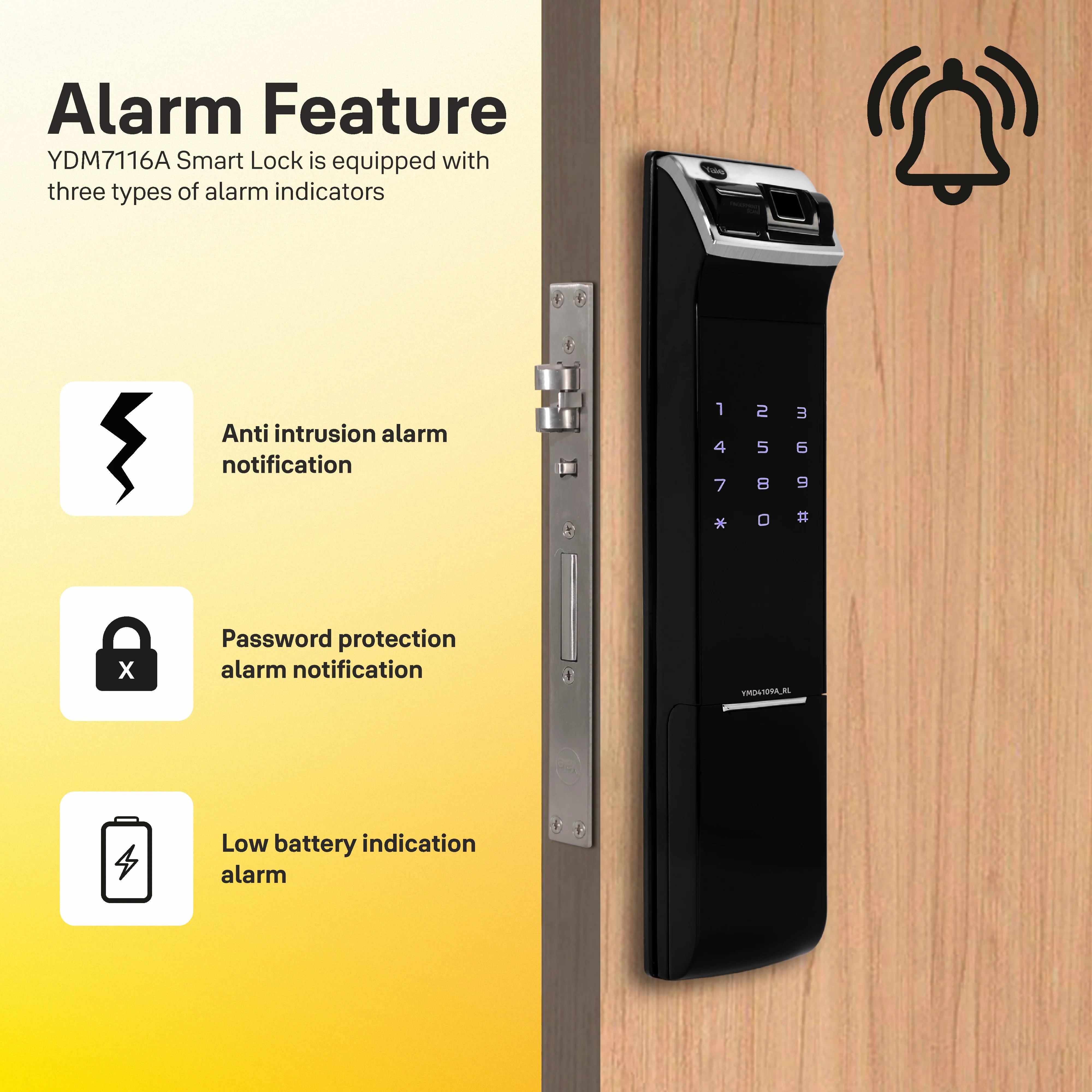 YDM 4109 (Roller Latch) Smart Lock, Black , Without Handle - Image 6