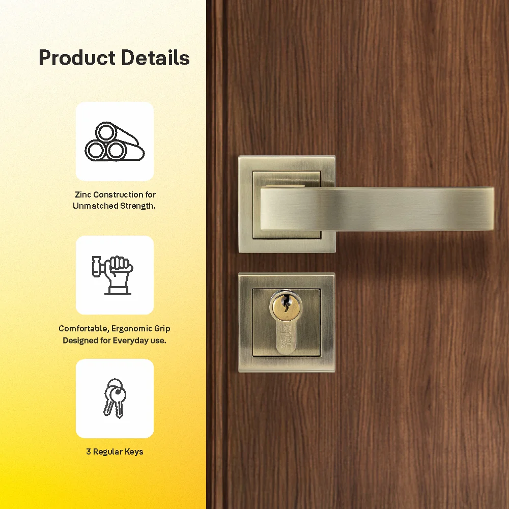 YECM-405-OR-TT-AB Mortise Door Handle Lock Set with Rose and Escutcheons, Cylinder with Knob inside and keys Outside, Antique Brass Finish - Image 7