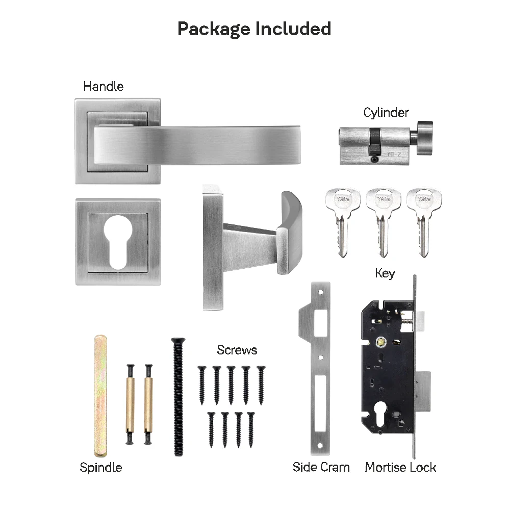 YECM-405-OR-TT-SS Mortise Door Handle Lock Set with Rose and Escutcheons, Cylinder with Knob inside and keys Outside, Satin Steel - Image 12