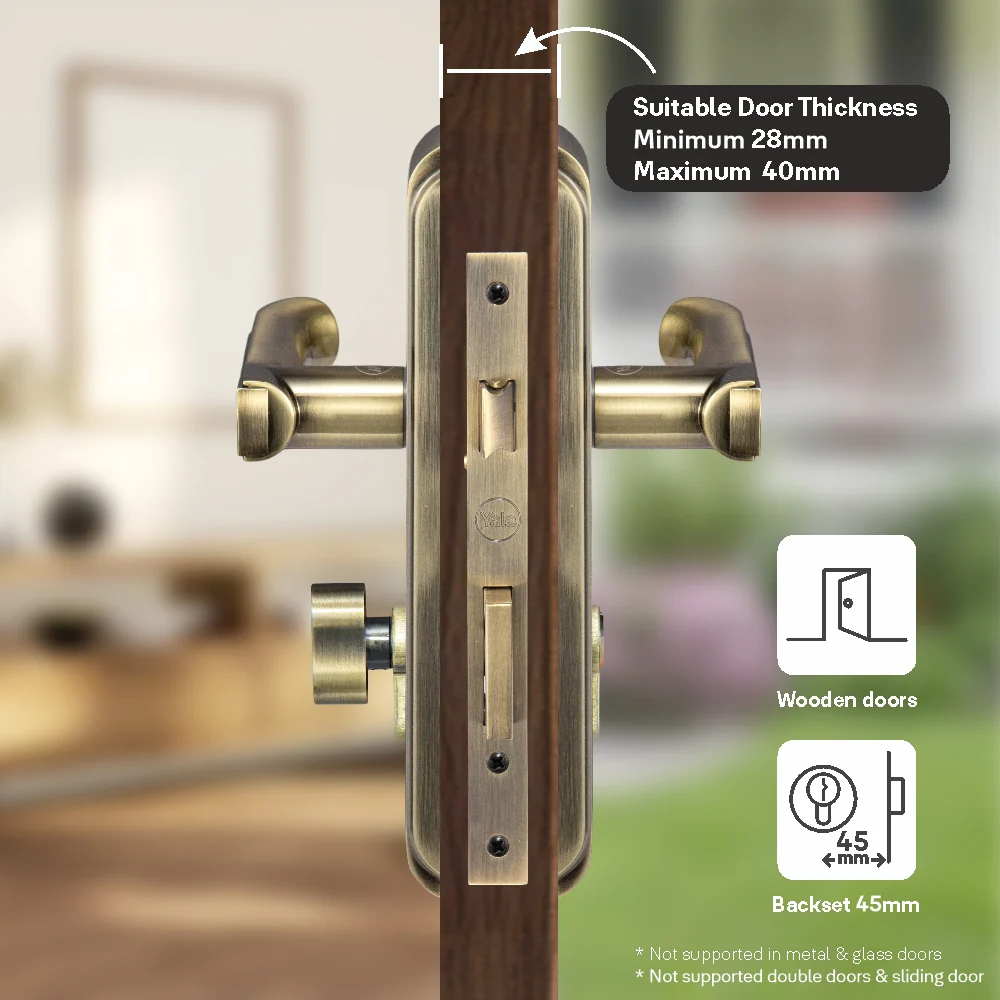 YECM-603-8P-TT-AB Mortise Door Handle set with lock body and Key cylinder with regular keys (3nos.), Antique Brass Finish - Image 6