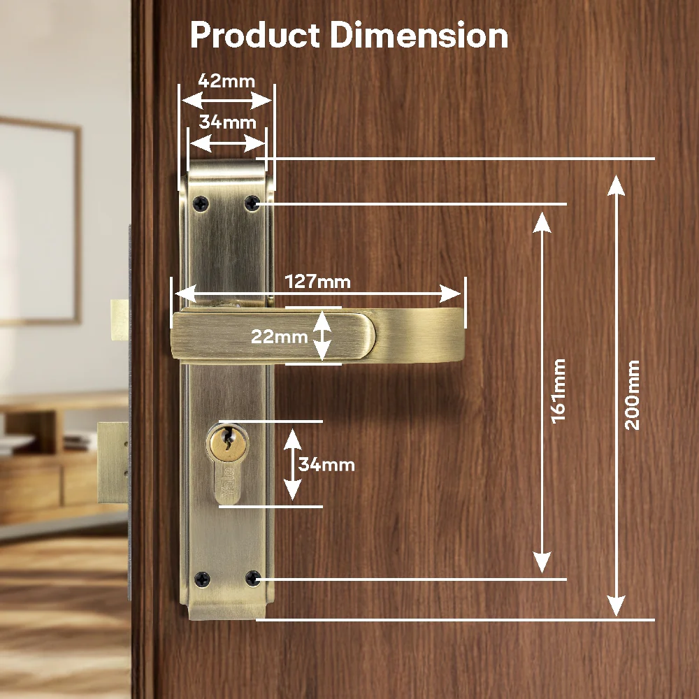 YECM-603-8P-TT-AB Mortise Door Handle set with lock body and Key cylinder with regular keys (3nos.), Antique Brass Finish - Image 8