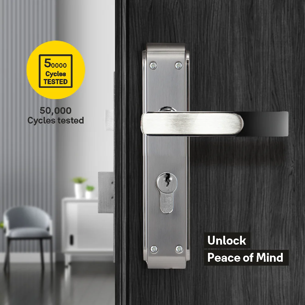YECM-603-8P-TT-SS/CP Mortise Door Handle set with lock body and Key cylinder with regular keys (3nos.), Satin Steel Dual Tone - Image 3