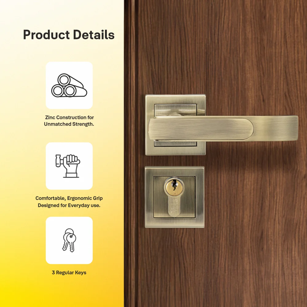 YECM-603-OR-TT-AB Mortise Door Handle Lock Set with Rose and Escutcheons, Cylinder with Knob inside and keys Outside, Antique Brass - Image 6