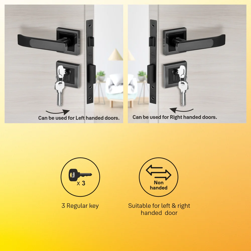 YECM-603-OR-TT-BM Mortise Door Handle Lock Set with Rose and Escutcheons, Cylinder with Knob inside and keys Outside, Black Matt Dual Tone - Image 4