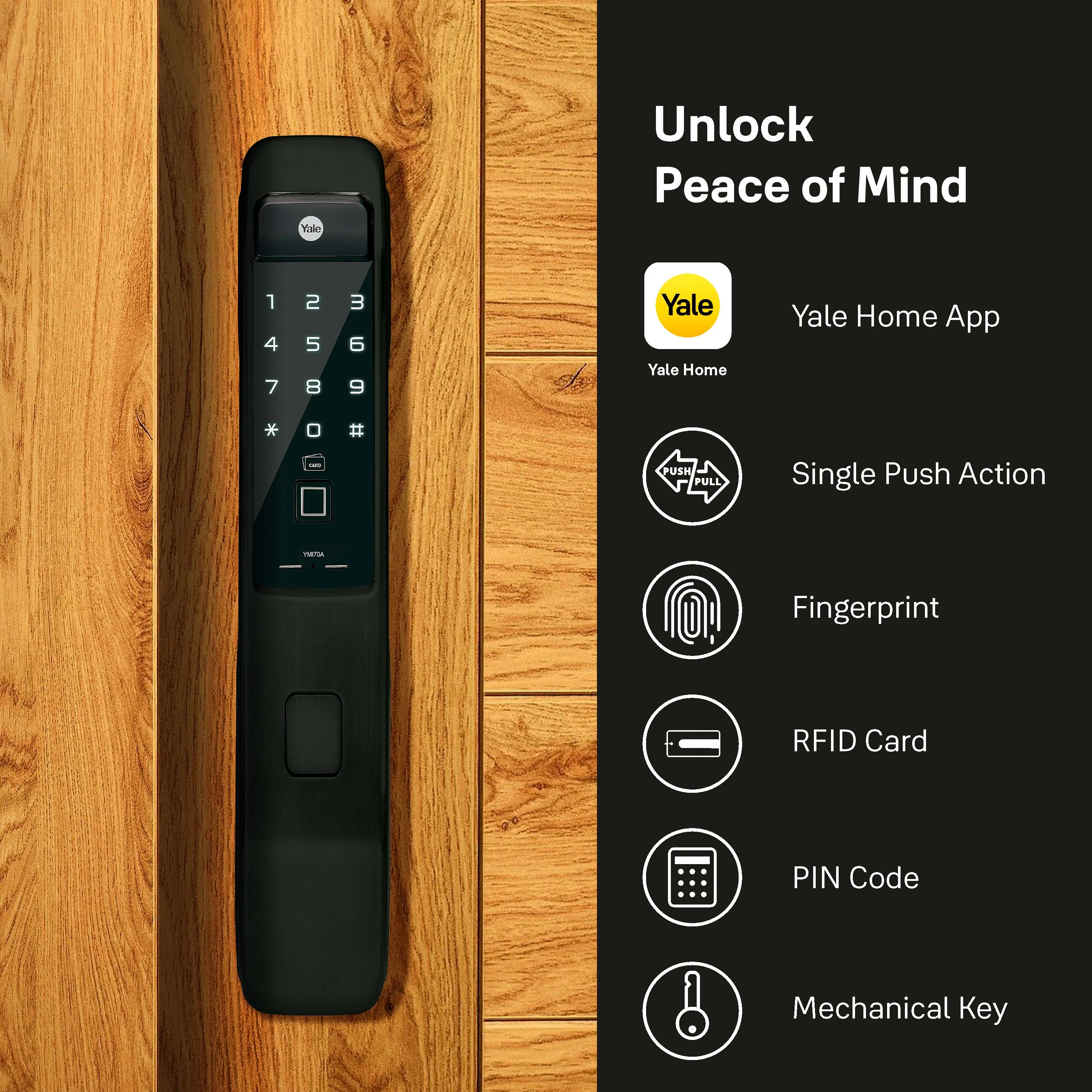 YMI 70 MB- A Series, Push Pull Smart Lock, Matt Black (Bluetooth Module and Wifi Bridge Included) - Image 5