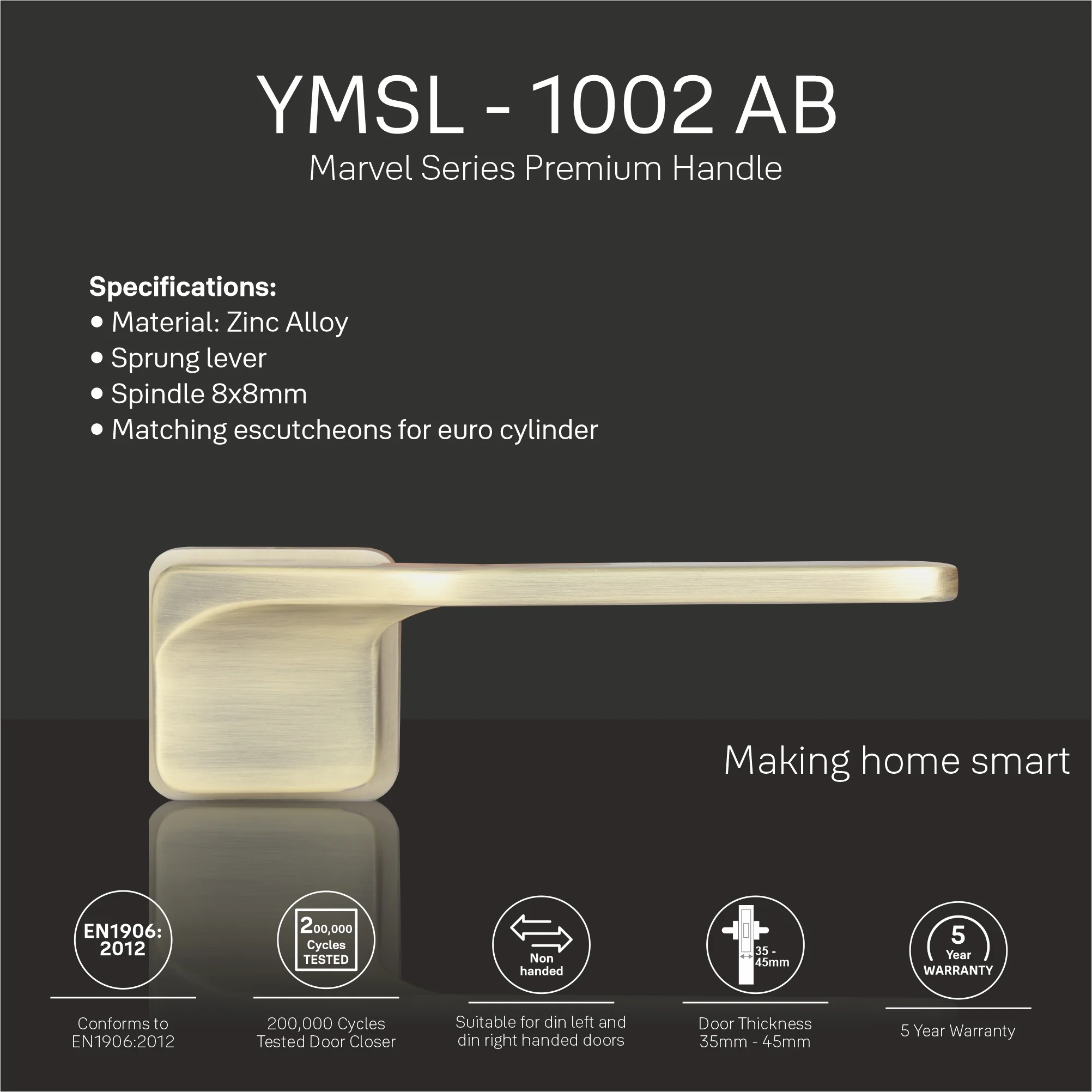 YMSL-1002-AB - Yale Marvel Series Premium Handle, With Mortise Lockbody and Euro Profile Cylinder with Dimple Keys - Image 3